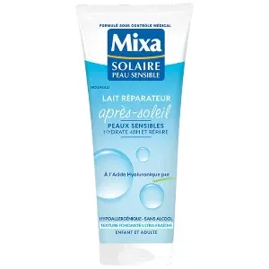 Lait après soleil réparateur pour peaux sensibles enfant et adulte, Acide hyaluronique pur, Hydrate 48h et répare, Mixa, 200ml