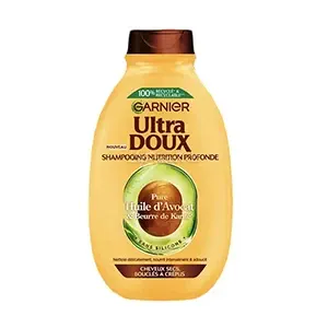 Shampoing nutrition profonde pour cheveux sec bouclés à crépus, Pure l'huile d'avocat et beurre de karité, Sans silicone, Ultra Doux, Garnier, 300ml